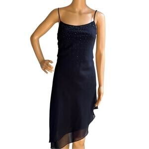 Vintage 90s Black Asymmetrical Hem Spaghetti Strap Embellished Dress